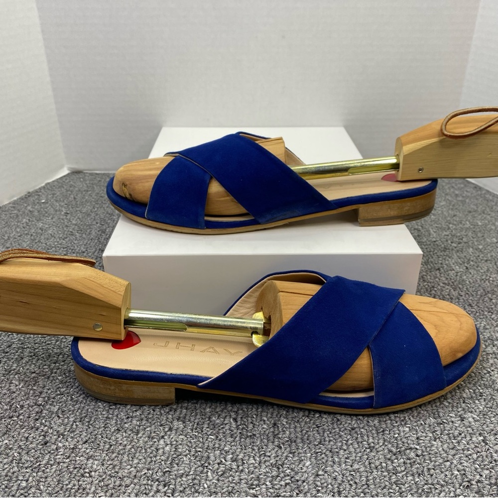 JHAY Blue Suede Cross Slides Sandals Women's 42 Made In Spain Quiet Luxury Heart